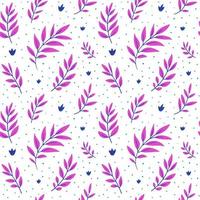 Hand-drawn seamless pattern. Small blue and bright purple leaves on a white background with blue spots. Decorative background for textiles, packaging, prints. vector