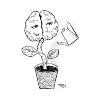 desarrollo cerebral saludable. el cerebro del garabato como una flor crece en una olla que se riega con una lata de agua. poder mental, cuidado. ilustración de stock vectorial de inteligencia negro sobre blanco aislado. vector