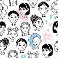 Seamless black on white background with young women. Hand drawn doodle multicultural diverse female faces. Girly vector stock illustration in cartoon style.