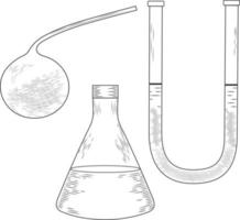 Sketch of a  physics or chemical laboratory experiment and equipment. Vector pharmaceutical glass flasks, beakers and test tubes in old engraving style.