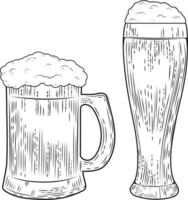 Sketch drawing of a glass and mug with beer. vector