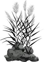 Hand drawn reed or pampas grass surrounded by gray stones. Cane silhouette on white background.  Border or frame of green plants. vector