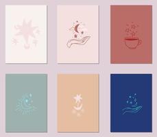 Vector set of postcards heavenly elements. Celestial stars, moon, design hand holds space illustration. Magical compositions of delicate shades for a gift, congratulations, new year