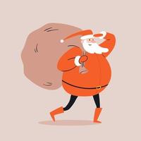 Cartoon Santa Claus is carrying a huge sack on his shoulder with a cheerful gait. Smiling Santa looks on the long road. Hand-drawn colorful doodle story. Vector stock isolated illustration.