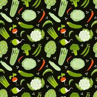 Seamless pattern with vegetables on a dark background. A pattern from fresh organic green vegetables and some red ones isolated. Vector stock illustration of grocery background.