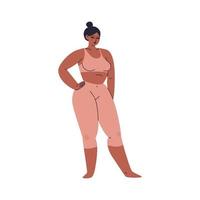 Black cartoon girl posing. A young woman stands in a trendy pinkish tracksuit with her hand on her waist. Female plump figure isolated. Vector stock illustration isolated on white background.