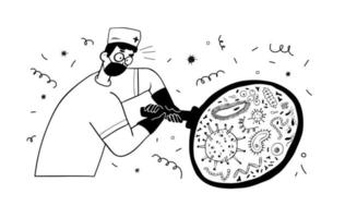 Doodle character scientist in a medical mask with a huge magnifying glass. Microorganisms, streptococci, coronavirus, bacilli, treponema are visible through the lens. Vector stock illustration.