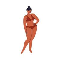 The brunette stands akimbo in trendy underwear. A plump young woman with a narrow waist, dark skin tone in a reddish two-piece swimsuit. The Vector stock illustration isolated.