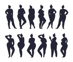 Collection of black silhouettes of naked women in various poses, with phone, pregnant. Set of female figures with the same hairstyle stand in 2 rows. Vector stock illustration isolated black on white.