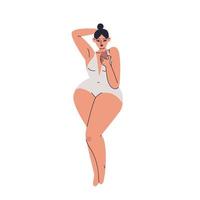 Hand drawn plus size woman in a nude swimsuit. Plump girl posing with a smartphone in hand. Brunette in lingerie and a bun on her head. Vector stock isolated illustration in cartoon style.