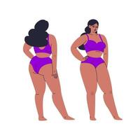 Lush beautiful woman in full growth underwear, front and back views. A young girl with big breasts poses, demonstrates a separate swimsuit. Vector stock isolated illustration in cartoon style.