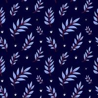 Winter seamless pattern. Red twigs with light blue leaves on a dark blue background. Hand-drawn natural pattern in cool tones. Decorative background for textiles, packaging, prints. vector