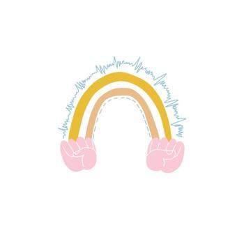 A rainbow of delicate colors. A rainbow of yellow colors passes between two clenched hands. Above the rainbow there is a blue glow, pulse, beating, sound wave symbolizing mutual support and strength. vector