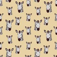 Zebra seamless pattern on a sandy background. Cartoon vector illustration of a zebra head pattern. Wild African animal.