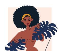 una elegante mujer africana se cubre con hojas de monstera. mujer joven con un pañuelo amarillo en la cabeza y lápiz labial rojo. la ilustración de stock vectorial aislada. vector