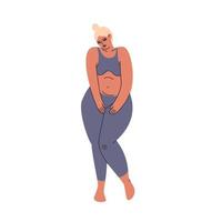 chica tímida gordita aislada. una mujer con mallas deportivas ajustadas y un top. ilustración vectorial aislado sobre fondo blanco. vector