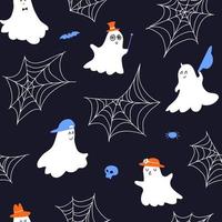 Cute ghost seamless pattern in hats. Cartoon Halloween pattern with gentle ghosts, cobwebs, skull, spider, bat. Vector stock illustration hand-drawn on dark background.