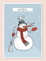 Cute hand-drawn doodle snowman wrapped in a red scarf in a hat with a broom in his hand. Birds sit on it. A cartoon snowman feeds the birds with crumbs. Vector stock greeting card illustration.