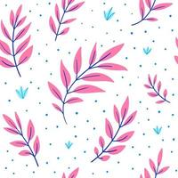 Hand-drawn seamless pattern. Small birch and large pink leaves on a white background with blue spots. Decorative background for textiles, packaging, prints. vector