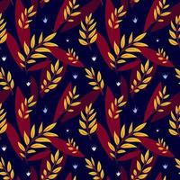 Bright seamless pattern. Autumn yellow and red leaves on a dark blue background. Hand-drawn natural pattern. Decorative background for textiles, packaging, prints. vector