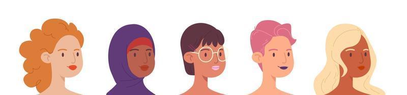 Multicultural women. A horizontal banner with various female faces in a row up to the shoulders. Isolated set of cartoon avatars with young girls of different cultures. Vector stock illustration.