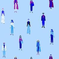 Seamless pattern with women. Female group of figures of various girls in blue, white trendy robes against a blue background. Tile vector stock colorful illustration in cartoon style.