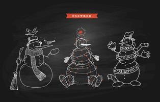 Hand-drawn set of doodle snowmen wrapped in a herringbone garland, with birds, long scarf and gloves. Set of winter theme on black chalkboard. Vector stock illustration isolated on white background.