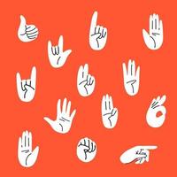 Cartoon set of gestures, flat style. Hands different movements hand-drawn palms, fingers showing numbers, like, fist, stop, ok. Vector hands in white gloves on a red background. Stock illustration