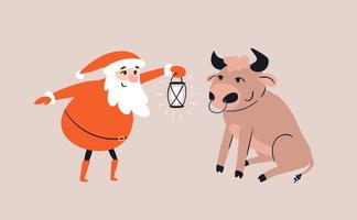 Cartoon Santa Claus meets a bull sitting in front of him. Smiling Santa lights up a cute bull with a funny hairstyle with a lantern. Hand-drawn doodle story. Vector stock isolated illustration.