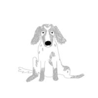 Doodle dog with long ears, large black nose. The hand-drawn spaniel sits with its legs apart and looks into the eyes. Vector stock illustration isolated on white background.