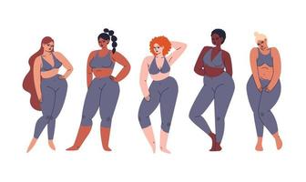 Set of multicultural girls of different skin colors, shapes, and hairstyles. A collection of young diverse women standing in a row in trendy gray tracksuits. The Vector stock illustration isolated.