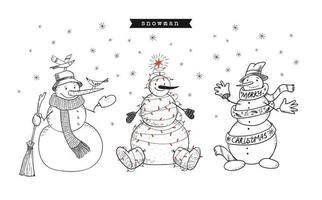 Hand drawn doodle set of snowmen. Winter holidays. Decorated snowmen stand under the snow in a scarf and garland. Stylized birds are sitting on the hat. Merry Xmas. Vector stock isolated illustration