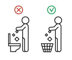 Rule take out rubbish in basket but not in toilet pan, prohibition warning sign. Do not throw garbage in toilet. Can throw rubbish into trash can. Problem of planet pollution, clean. Vector