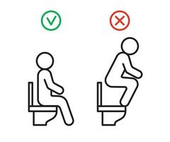 Right and wrong behavior in toilet. WC rules sit on seat toilet but not stand, warning sign. Signs allowed and prohibited to sit toilet. Correct sitting. Vector illustration