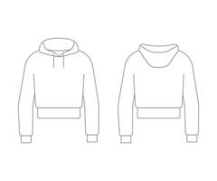 Crop top sweatshirt outline template unisex with long sleeve and hood. Regular sport sweater for man and woman. Shirt technical mockup in front and back view. Vector illustration