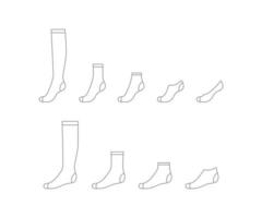 Set sock for man and woman from long to short, outline template. Sport and regular sock. Technical mockup clothes side view. Vector contour illustration