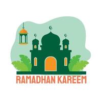 diseño de ramadan kareem con ilustración de vector de mezquita y lámpara de linterna para el evento del festival de ayuno islámico