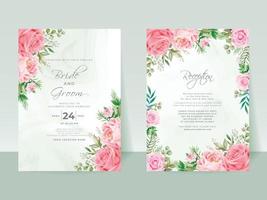 Pink Roses wedding invitation card set vector