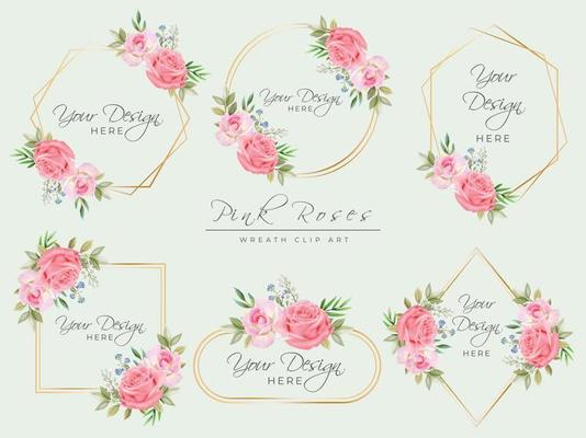 Hand drawn pink rose wreath clip arts