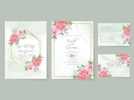 Pink Roses wedding invitation card set vector