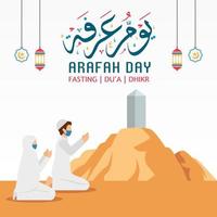Islamic holiday that falls on the 9th day of Dhu al-Hijjah of the lunar Islamic Calendar. Arabic Calligraphy Translate is Arafah Day. Vector Design Illustration