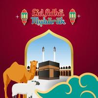 diseño de ilustración vectorial eid adha mubarak con fondo ka'bah completo con adorno de linterna y animal vector
