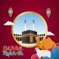 diseño de ilustración vectorial eid adha mubarak con fondo ka'bah completo con adorno de linterna y animal vector