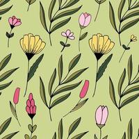 Vector surface design. Colored seamless pattern with doodle flowers. Nature eco concept. Petals, stems, leaves. Hand drawn background. For printing on fabric and paper. Backdrop for cards invitations.