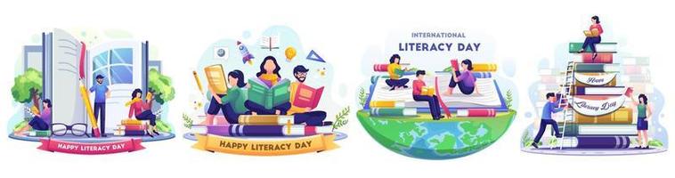 conjunto del concepto del día internacional de la alfabetización con personas que celebran el día de la alfabetización leyendo libros. ilustración vectorial de estilo plano vector