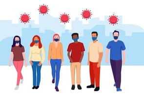 People in protective medical face masks. Men and women wearing protection from virus, urban air pollution, smog, vapor, pollutant gas emission. Vector illustration.