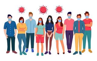 Crowd of people wearing medical masks protecting themselves from the virus. Coronavirus epidemic. Vector illustration in a flat style