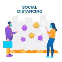 Social distancing, keep distance in public society people to protect from COVID-19 coronavirus outbreak spreading concept, businessman and woman keep distance away in the meeting with virus pathogen vector