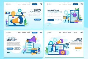 Set of Landing page design templates for Digital Marketing, Marketing Strategy, Marketing Consulting, and Video Marketing. Easy to edit and customize. Modern Vector illustration concepts for websites