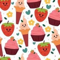 dibujo a mano de patrones sin fisuras cupcake de dibujos animados, helado y fresa. para papel pintado infantil, estampado de tela, textil, papel de regalo vector